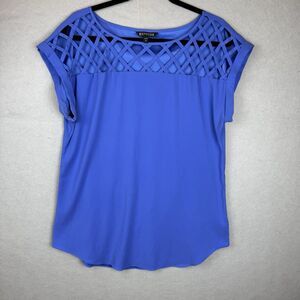Express Royal Blue Cuffed Sleeve Lattice Criss Cross Blouse Size L Business Work